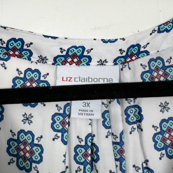 Liz Claiborne Blouse Blue White Print Henley Pocket Chiffon Top 3X - Picture 2 of 4
